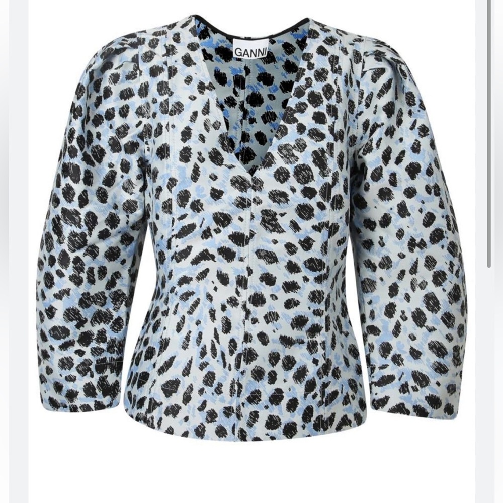 NWT Ganni Crispy Jacquard V-Neck Puff 3/4 sleeve Blue Leopard Blouse Shirt Egret - Picture 5 of 9